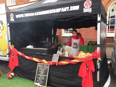 Badass Burger Co in Bristol: All set up with food ready for the crowds - easy business!